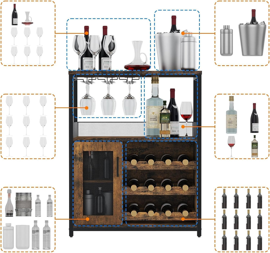 IDEALHOUSE 3-Tier Wine Bar Cabinet with Detachable Wine Rack and Storage Space, Buffet Cabinet with Glass Holder and Mesh Door, for Kitchen, Living Room and Bar (Rustic Brown)