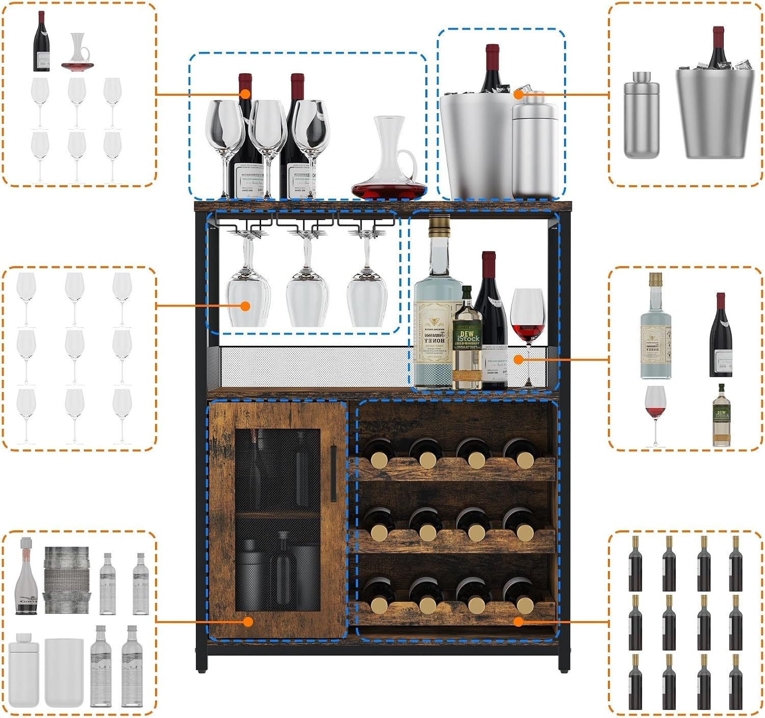 IDEALHOUSE 3-Tier Wine Bar Cabinet with Detachable Wine Rack and Storage Space, Buffet Cabinet with Glass Holder and Mesh Door, for Kitchen, Living Room and Bar (Rustic Brown)