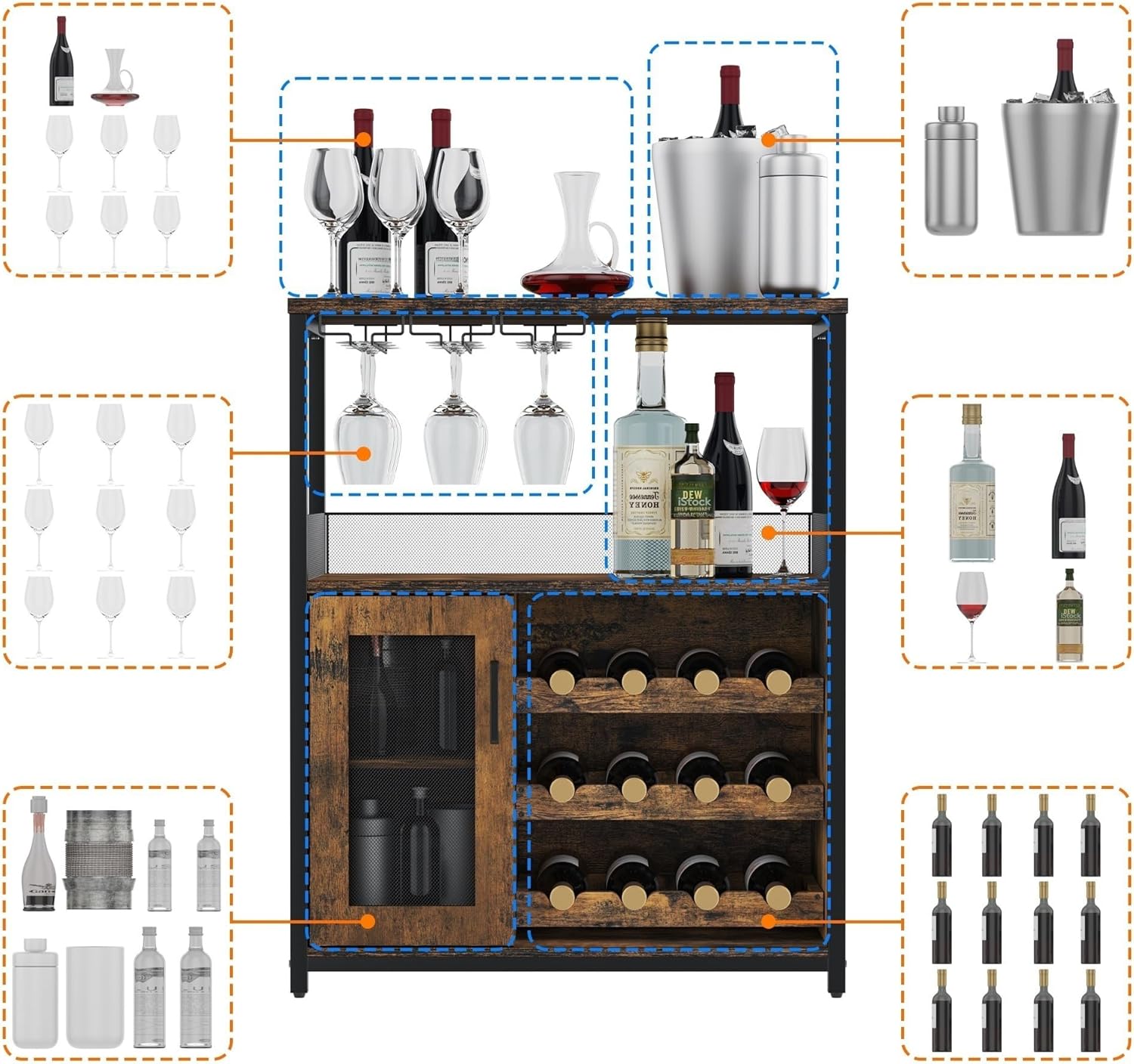 Amyove Wine Bar Cabinet with Detachable Wine Rack, Bar Rack with Glass Holder, Small Sideboard and Buffet Cabinet with Mesh Door, Rustic Brown