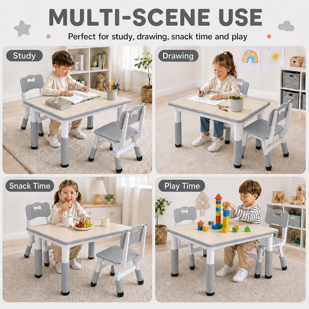 UNICOO Kids Table and Chairs Set, Height Adjustable Toddler Activity Table with 2 Chairs, Plastic Study Desk for Drawing, Crafts, Reading, Snack Time and Playroom, Ages 2-10