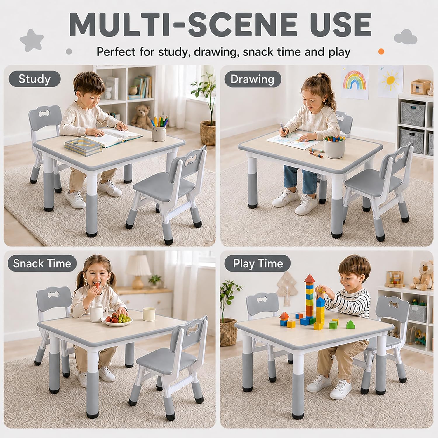 UNICOO Kids Table and Chairs Set, Height Adjustable Toddler Activity Table with 2 Chairs, Plastic Study Desk for Drawing, Crafts, Reading, Snack Time and Playroom, Ages 2-10