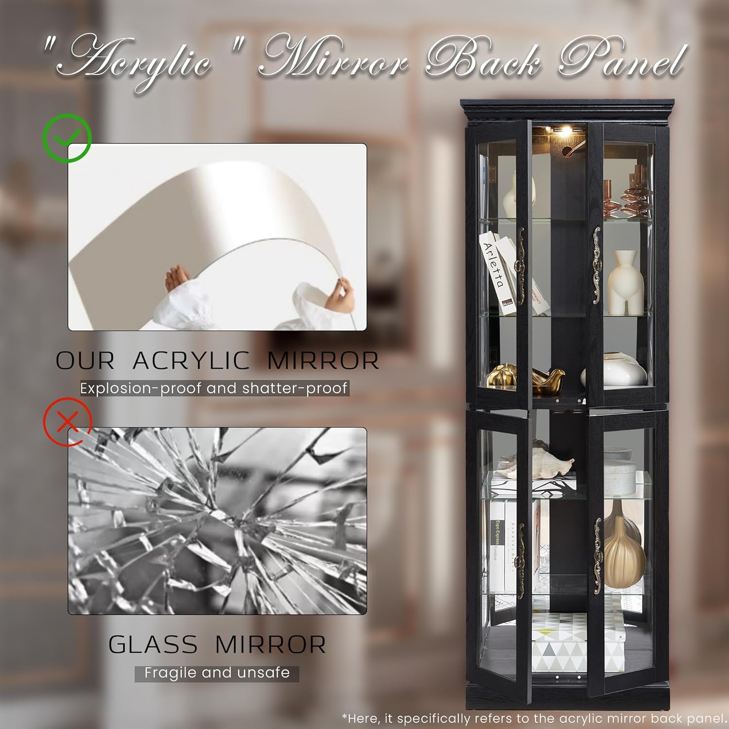 Lighted Curio Cabinet 71" Vintage Glass Display Case with Adjustable Shelves, 4 Tempered Glass Doors, Bulb Included, Wooden Square Wine Bar China Cabinet for Living Room Liquor Storage (Black)