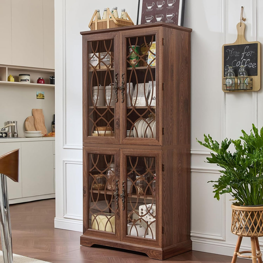 Joaxswe 67" Tall Pantry Cabinet Set of 2, Vintage Kitchen Pantries Cabinets with Glass Doors & Adjustable Shelves, Wood Cupboard with Large Storage for Dining Room, Bathroom, Brown