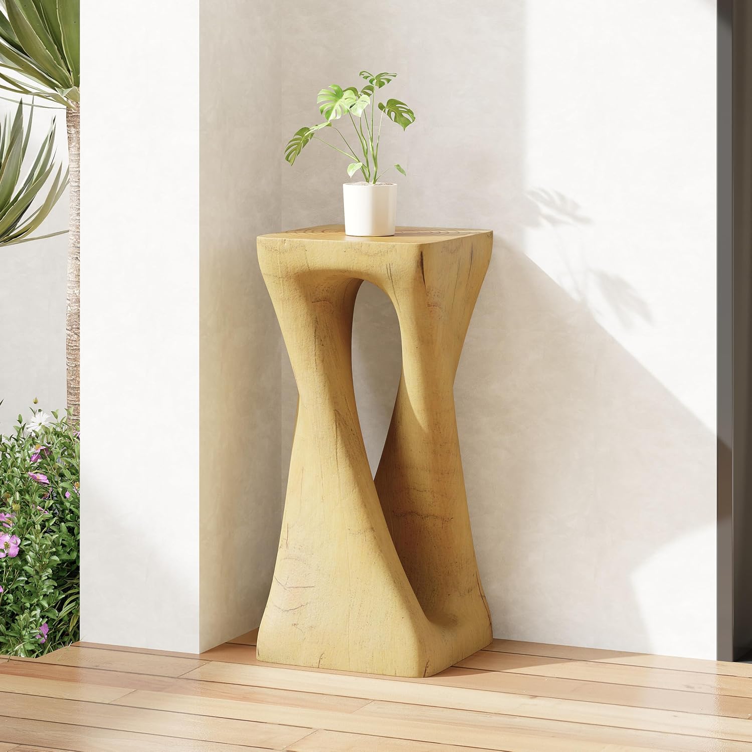 WILLIAMSPACE Side Table Hollow End Table with Unique Twist Shape, Modern Magnesium Oxide Patio Garden Accent Stool Table for Indoor & Outdoor, No Assembly, 12.5" × 26.8" H, Natural