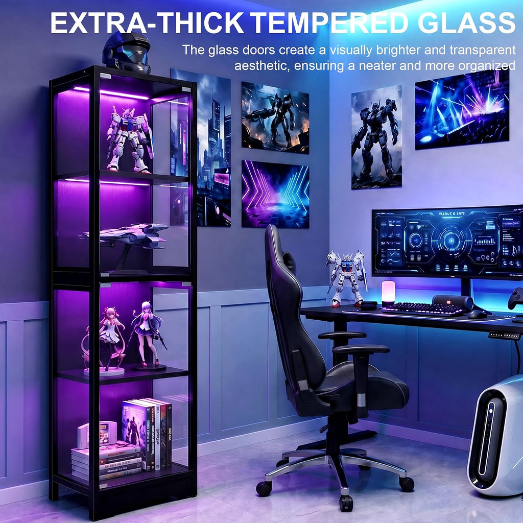 DreamDashio Display Cabinet with Glass Doors, 4-Tier Curio Cabinet with App RGB Lights for Collectibles, Display Case with Human Body Sensor, Corner Cabinet, Bookcase, Storage Cabinets, Black