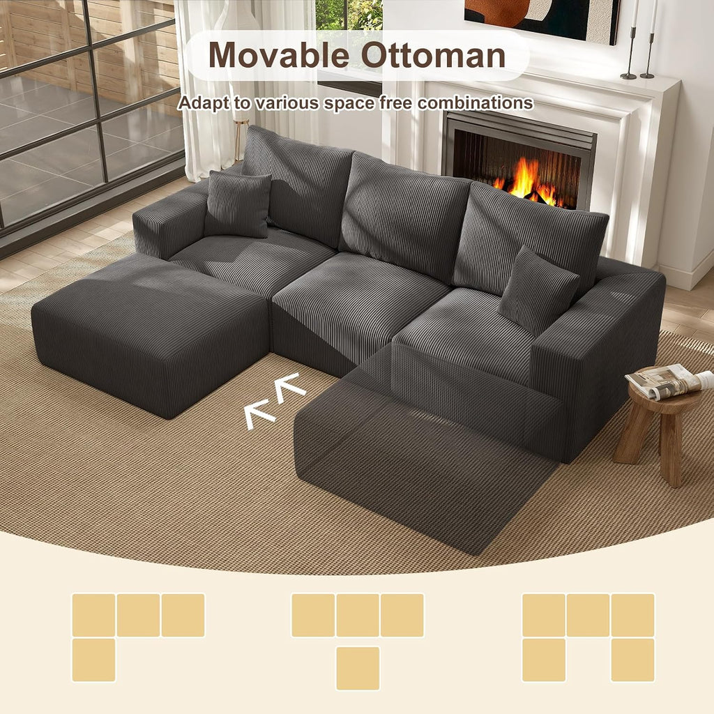 2 Square Cloud Footstool for Living Room, No Assembly Modular Corduroy Convertible Seat, Modern Boneless Style Sofa Accessory for Lounge or Bedroom