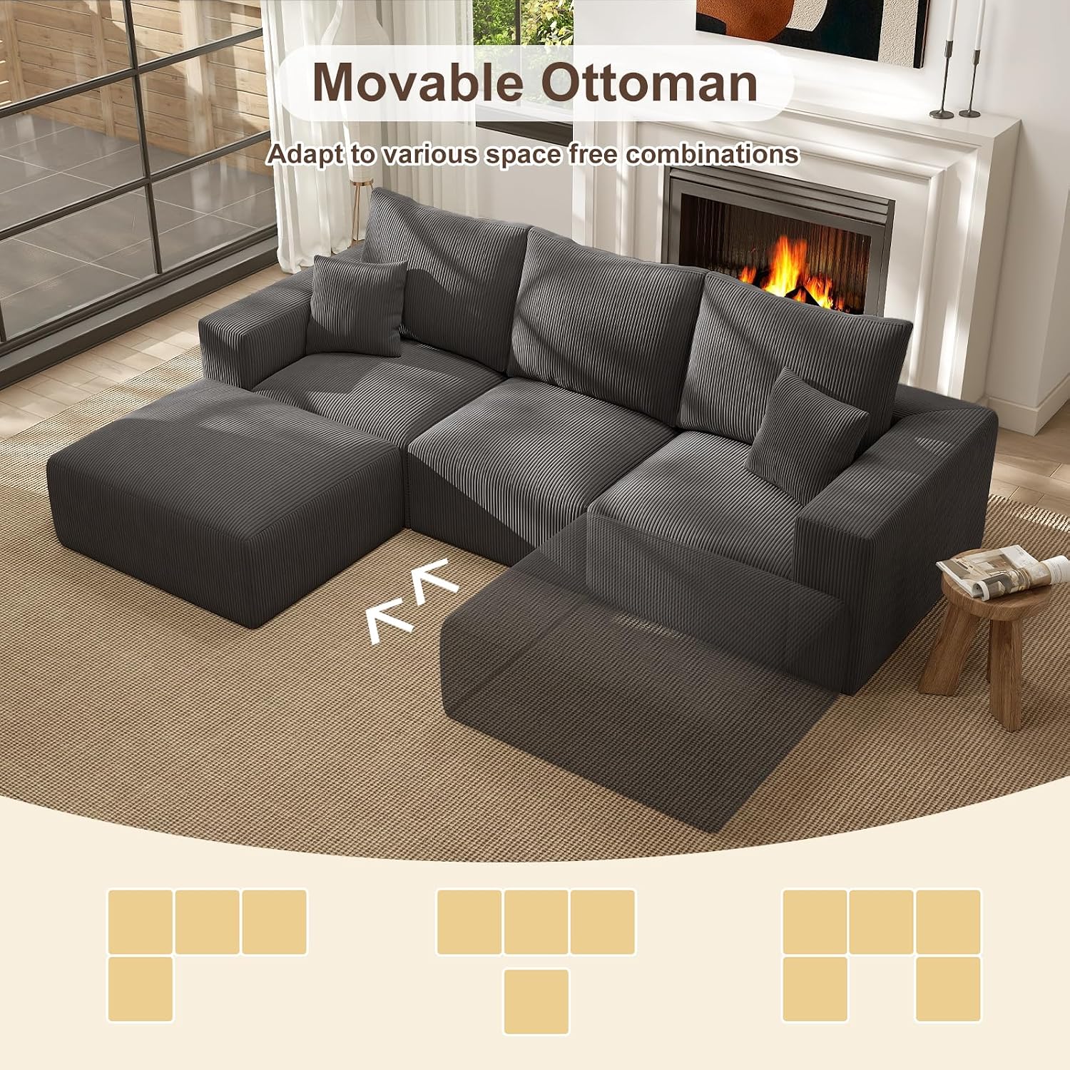 2 Square Cloud Footstool for Living Room, No Assembly Modular Corduroy Convertible Seat, Modern Boneless Style Sofa Accessory for Lounge or Bedroom