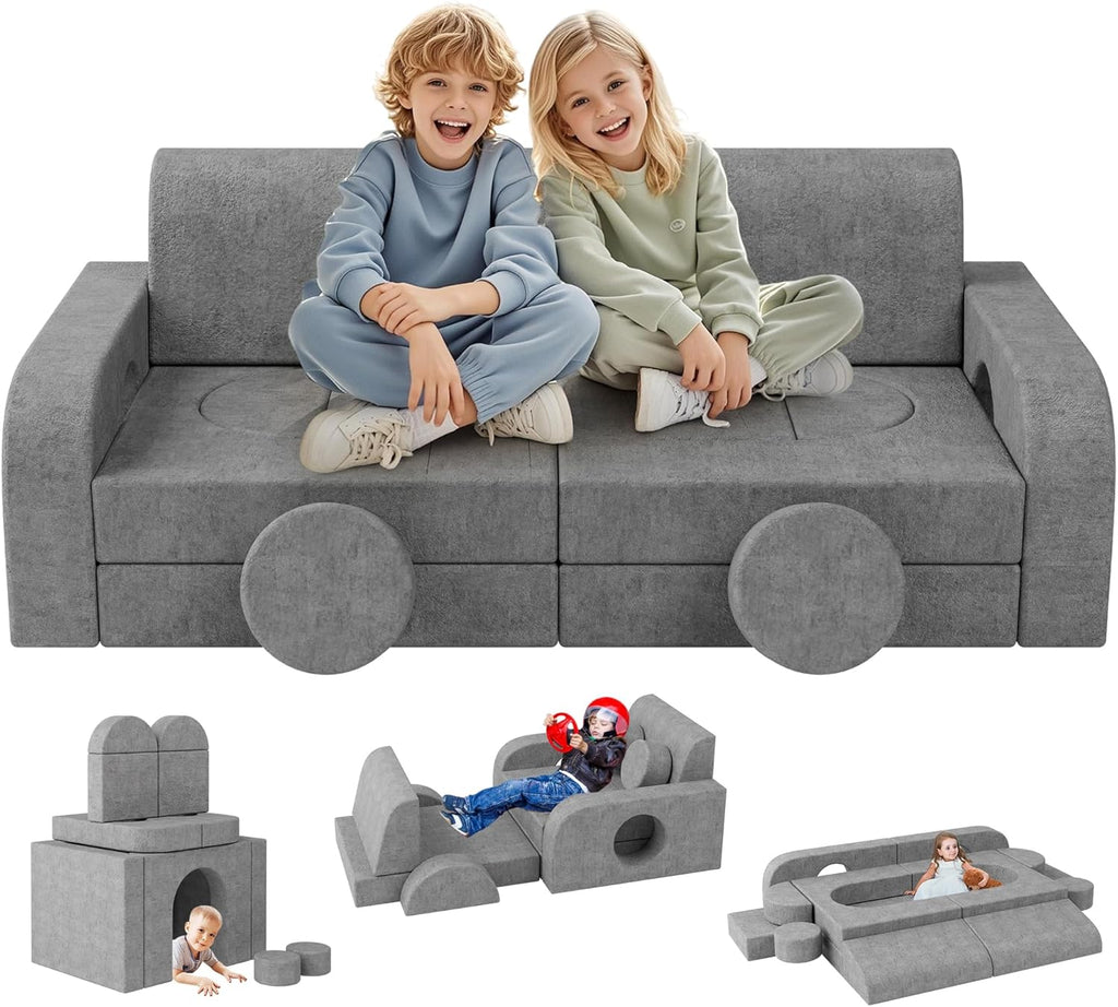 Betterhood 14pcs Modular Kids Play Couch, 1000+DIY Versatile Kids Couch Building Fort, Child Sectional Sofa for Playroom Bedroom, Convertible Foam Sofa for Boys & Girls (Grey)