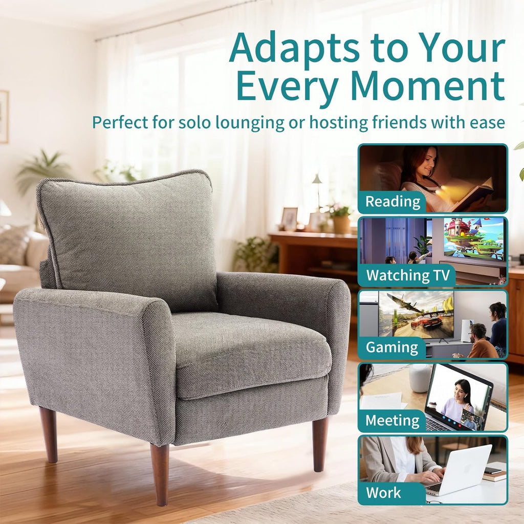 OLIXIS Comfy Accent Chair for Living Room Bedroom and Waiting Room, Upholstered Mid-Century Reading Chair with Pillow and Solid Wood Legs, Wide Singe Modern Lounge Sofa, Gray
