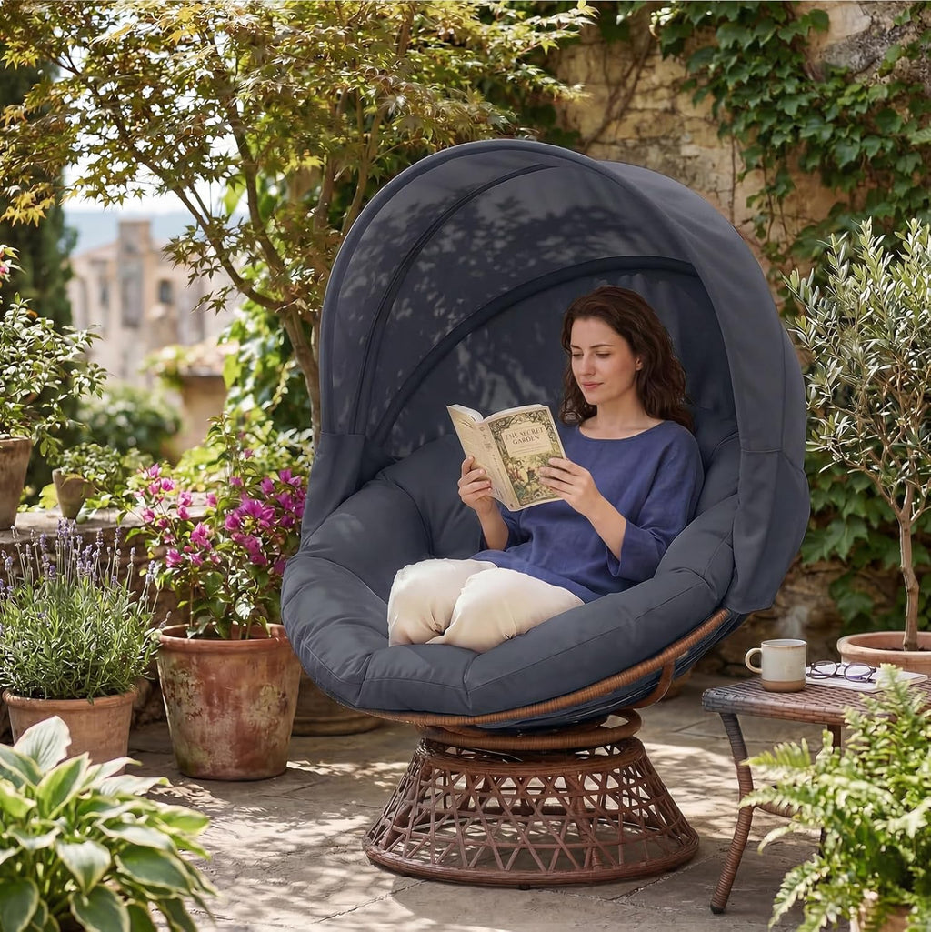 COMHOMA Papasan Chair, 36" Ergonomic Wicker Papasan Chair with Extra-Thick Soft Fabric Cushion, Heavy-Duty Steel Frame, 360° Swivel Base for Living Room, Lounge, Bedroom & Reading Nook – Grey