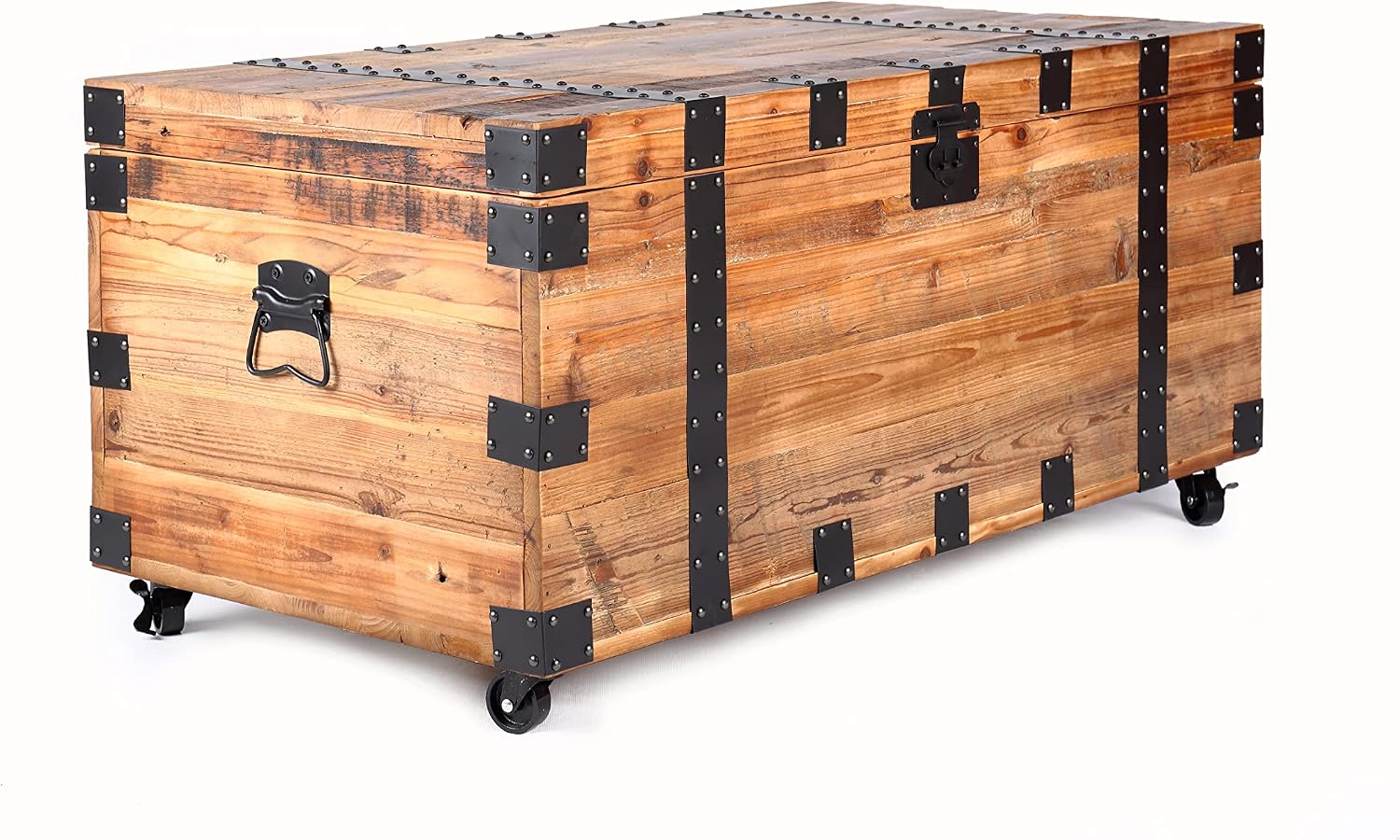 NewCosmos Vintage Reclaimed Fir Wood Storage Trunk – Rustic Charm with Black Metal Accents – No Assembly Required, Optional Wheels Included