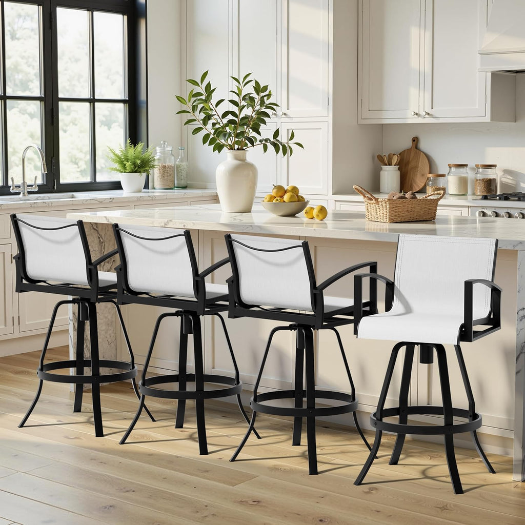 Pellebant 30" Aluminum Outdoor Bar Stools Set of 2, Sunbrella Swivel Patio Bar Height Bar Stools with Back & Footrest, Rust-Proof Patio Bar Stools for Deck Lawn Garden, White