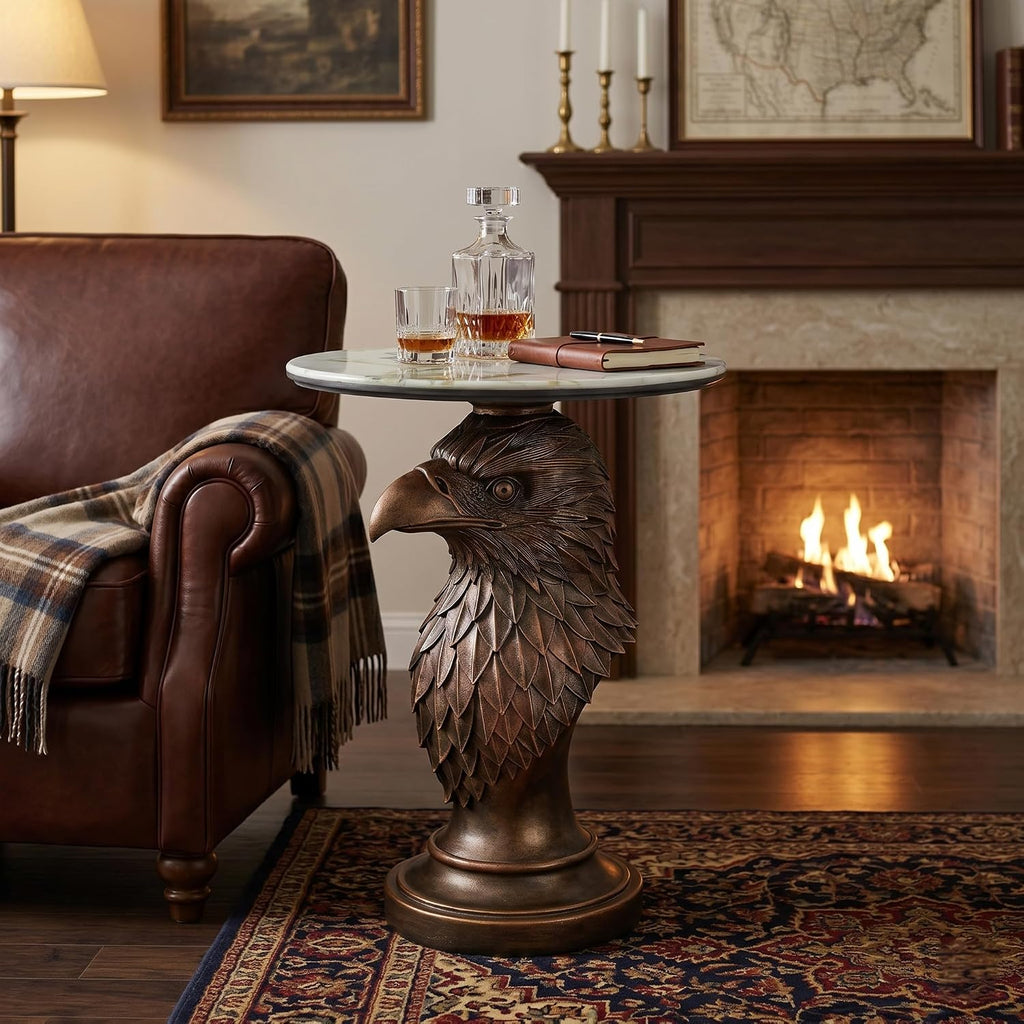 Eagle Head Accent Side Table - End Table with Faux Marble Top Unique Eagle Statue Decor for Living Room Bedroom Entryway Elegant Animal Sculpture Modern Classical Decoration, Bronze