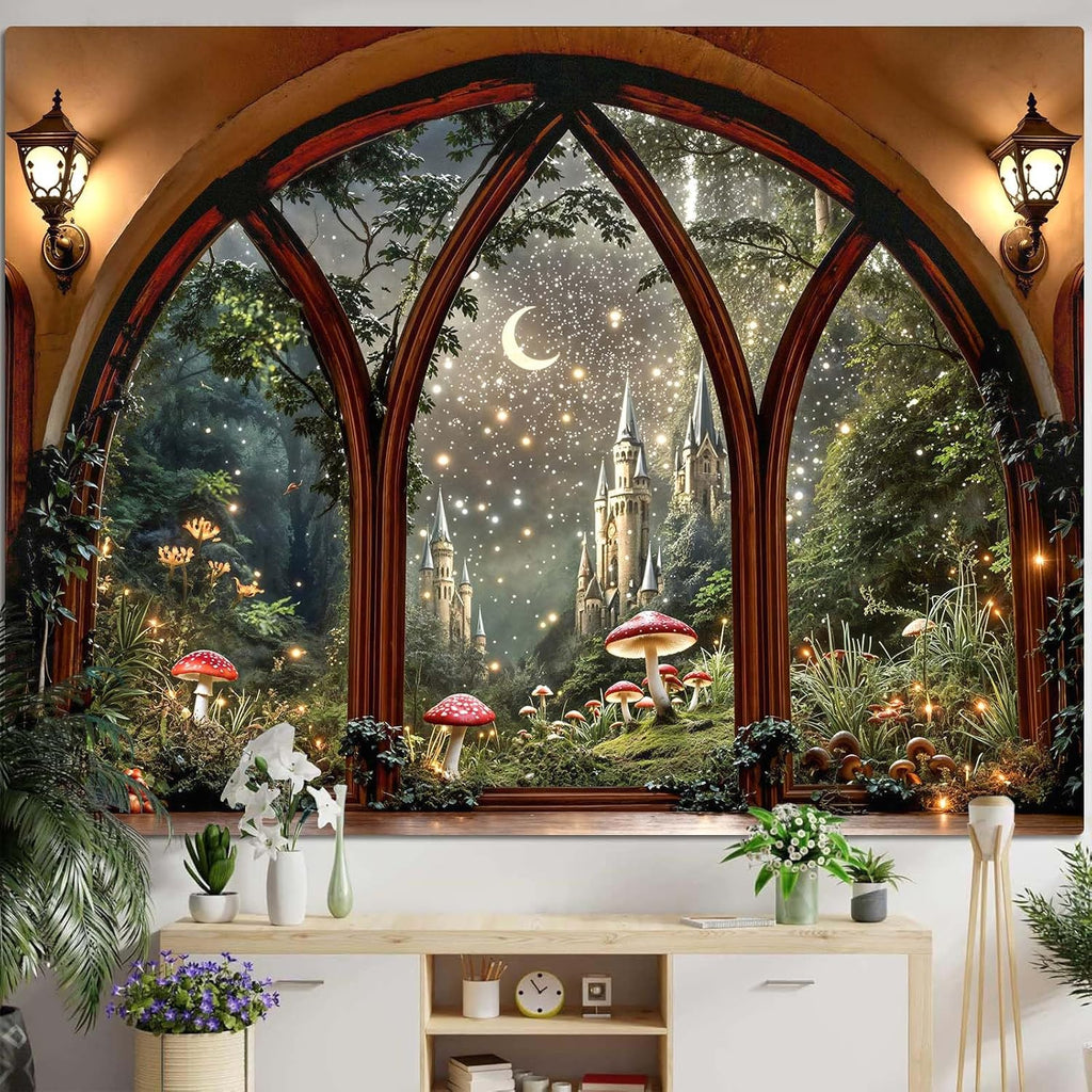 Lifeella Fantasy Castle Window Tapestry, Magic Woodland Scene Large Wall Backdrop, Fairytale Moon Mural for Bedroom Dorm Living Room Decor, 60x80 inches