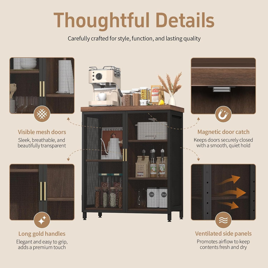 Buffet Cabinet, Metal Mesh Storage Sideboard with Adjustable Shelves, Coffee Bar Cabinet for Dining Room, Kitchen, Living Room, Entryway,Vintage Brown