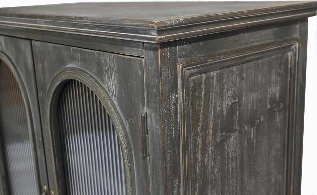 48" Farmhouse Sideboard Buffet Cabinet with 2 Drawers & 2 Glass Doors, Vintage Wood Credenza with Fixed Shelves, Kitchen Storage Cabinet for Dining Room & Living Room, Black+Grey
