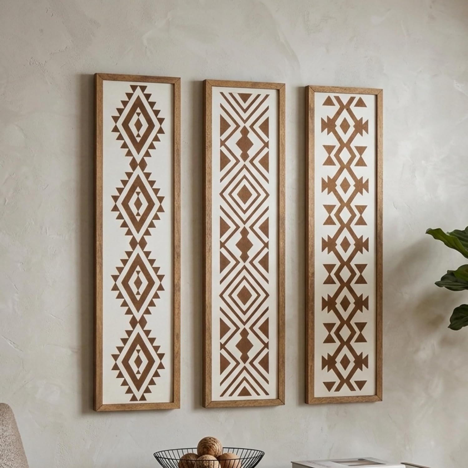 X DELUXE Minimalist Aztec Wood Wall Decor Set of 3 Geometric Scandinavian Boho Hanging Panels for Living Room Bedroom Hallway Office Modern Tribal MDF Wall Art Vertical Decorative Interior Accent