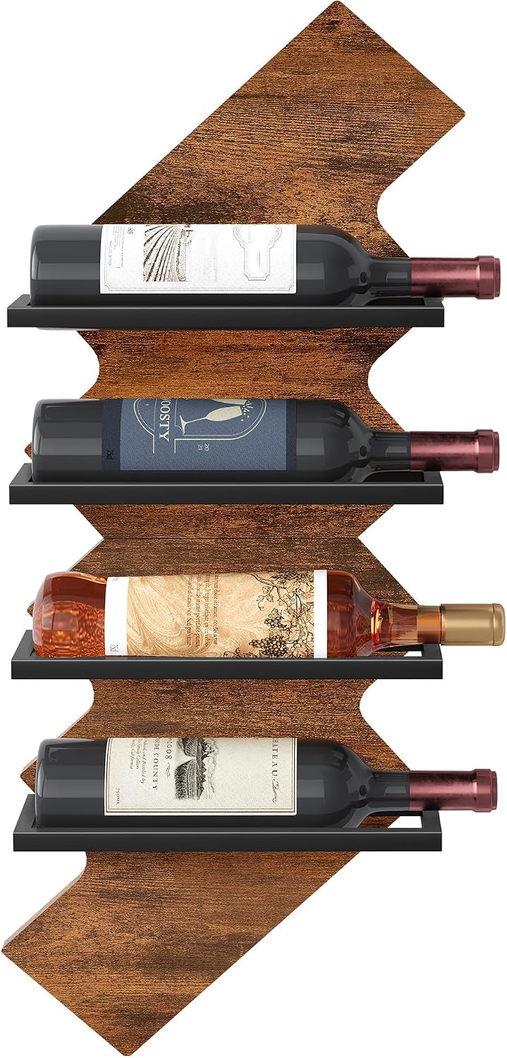 FAVOOSTY Wine Rack Wall Mounted 4 Bottle Pack, Creative Wine Racks Wood and Metal, Lightning Shaped, Home Decorative Storage Wine Rack, Brown