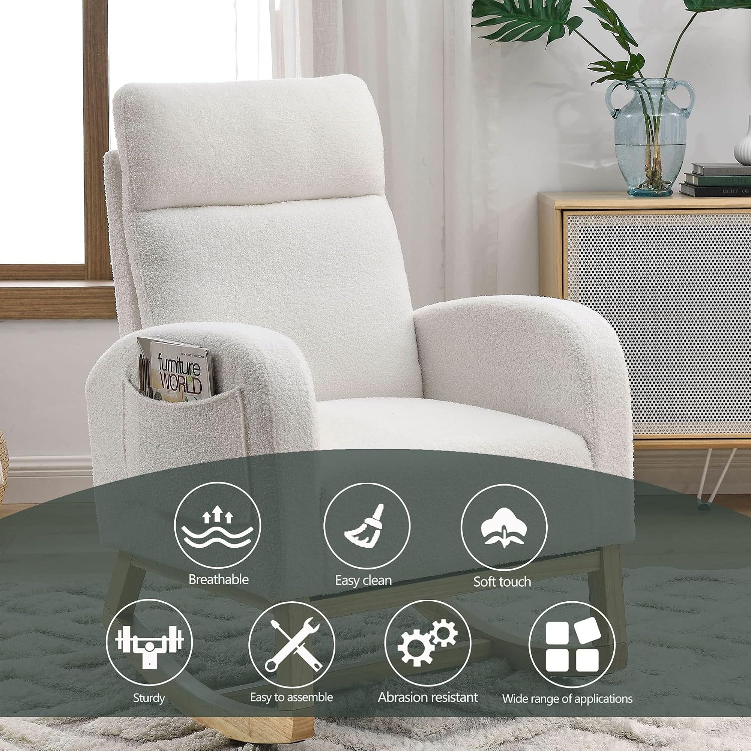 Dolonm Rocking Chair Mid-Century Modern Nursery Rocking Armchair Upholstered Tall Back Accent Glider Rocker for Living Room (White,Teddy)