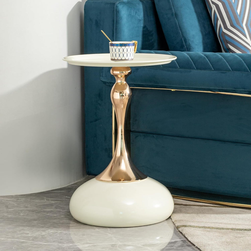 Round Side Table, White and Rose Gold, Cocktail End Table for Living Room, 14.96" Dia x 21.26", Glossy Finish