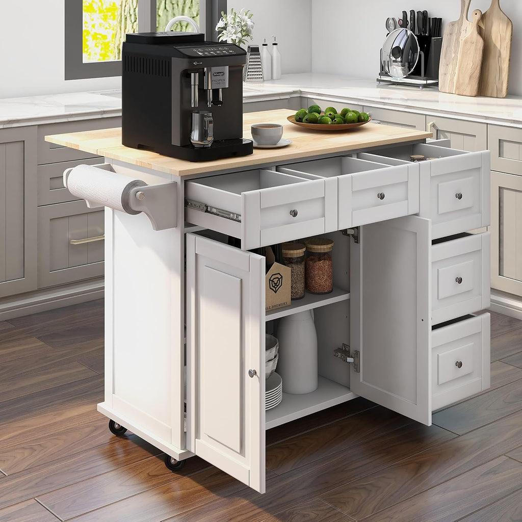 HOMREST 52" Mobil Kitchen Island Cart with Storage, Rolling Island with Drop Leaf and Rubberwood Countertop, Spice Rack, Adjustable Shelves and 5 Drawers, Island Table for Kitchen, White