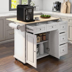 HOMREST 52" Mobil Kitchen Island Cart with Storage, Rolling Island with Drop Leaf and Rubberwood Countertop, Spice Rack, Adjustable Shelves and 5 Drawers, Island Table for Kitchen, White