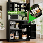 Saudism Coffee Bar Cabinet with Mini Fridge, 72" Tall Wood Mini Fridge Cabinet with Storage, RGB Light, Cup Holder, for Home Kitchen Dining Room, Black