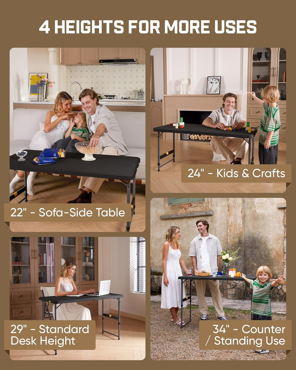 FanttikOutdoor Folding Table 4 Foot, Effortless Quick Adjustable Height Foldable Small Card Table, Fixing Lock, Stable for Party Dining Events Picnic Indoor Outdoor Camping, 2-Pack, Zeta X4 Pro Black