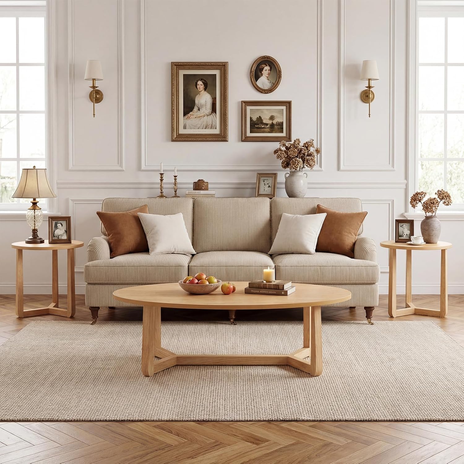 Giantex Oval Coffee Table and End Tables Set of 3, Mid Century Modern Coffee Table and 2 Round Side Tables w/Wood Veneered Top & Solid Rubber Wood Leg, Living Room Table Set for Small Space