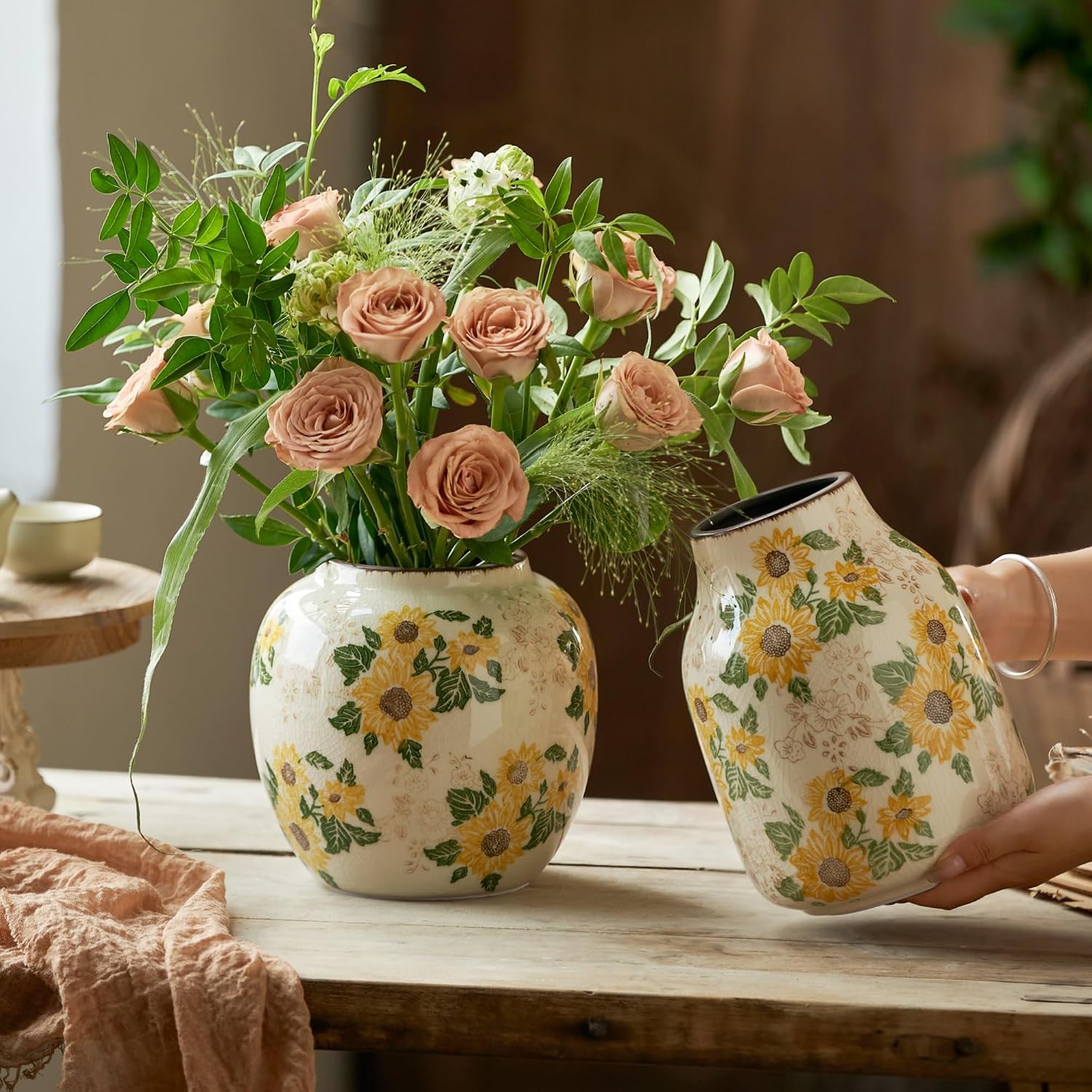 Levvohd Vintage Ceramic Vase, 7.7 Inch Yellow and Beige Sunflower Floral Modern Flower Vases for Home Decor Aesthetic Living Room Bookshelf Office Tuscan Decorations (Conical)