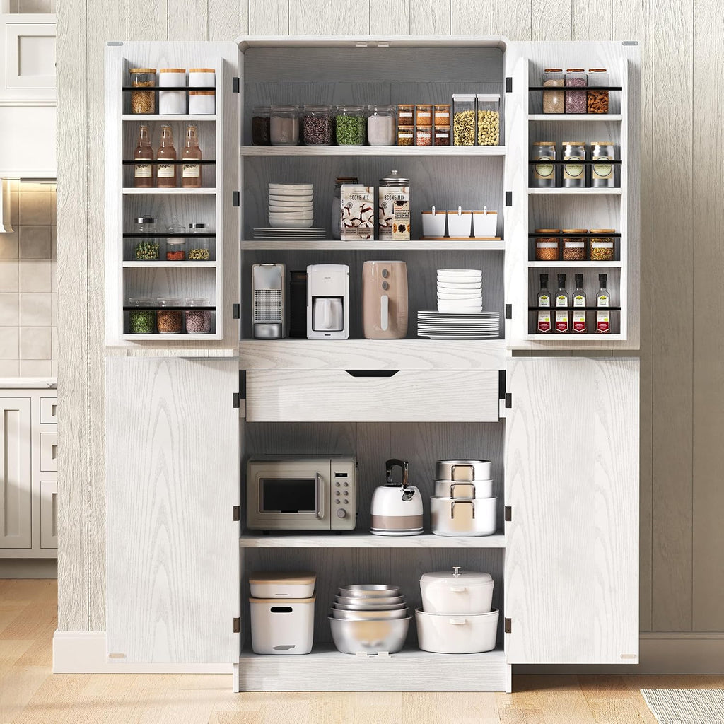 roomfitters 72" Tall Farmhouse Kitchen Pantry Cabinet with Curved Profile & 8 Door Shelves, White