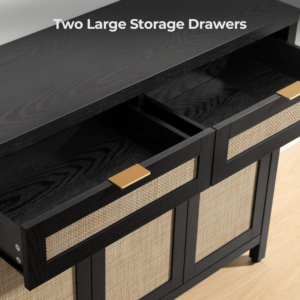 SICOTAS Rattan Sideboard Buffet Cabinet with Storage, Boho Credenza Accent Cabinet with 3 Doors and 2 Drawers, Farmhouse Console Coffee Bar Cabinets for Living Room Kitchen Entryway, Black Oak, 2 PCS