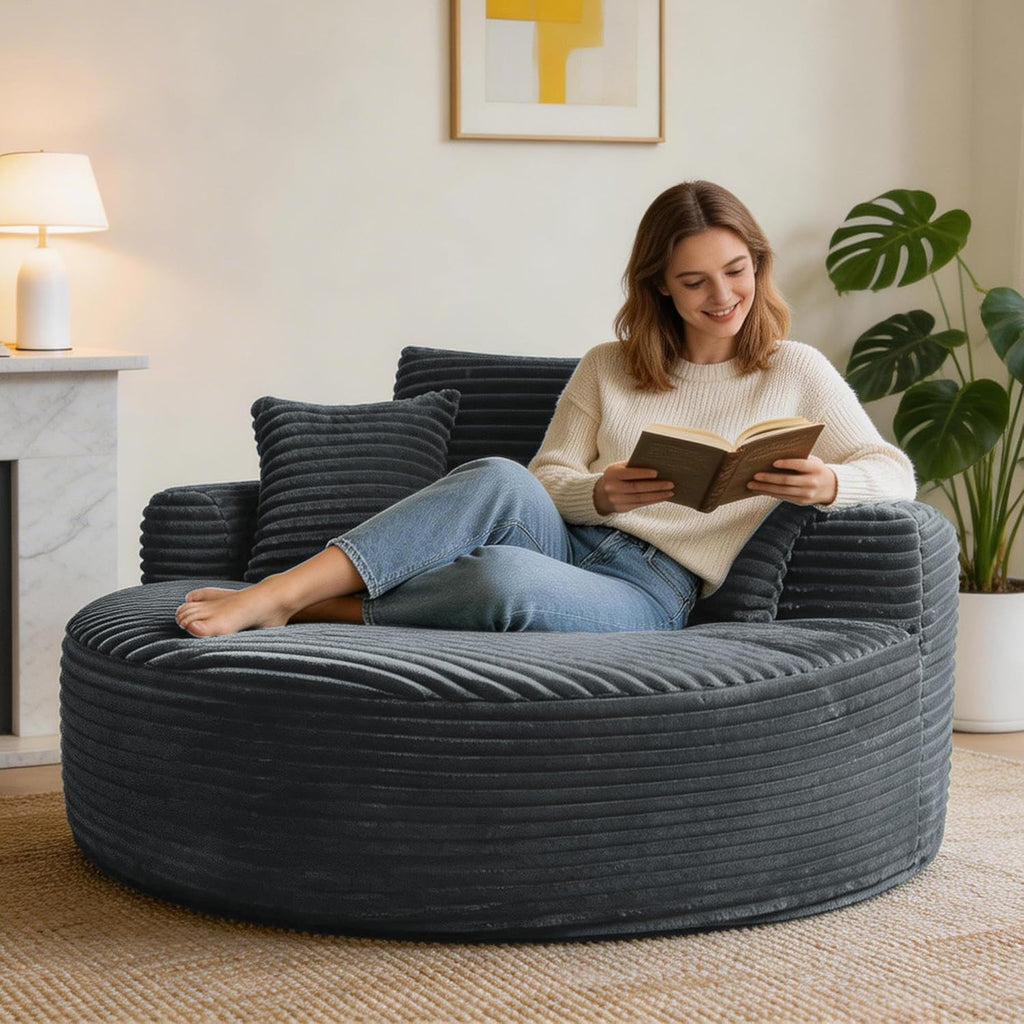 Garvee 55'' Oversized Round Chaise Lounge Chair Indoor, Upholstered Corduroy Cloud Circle Chair with 3 Pillows, Deep Seat Circle Single Cloud Lounge for Living Room, Grey