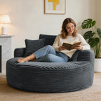 Garvee 55'' Oversized Round Chaise Lounge Chair Indoor, Upholstered Corduroy Cloud Circle Chair with 3 Pillows, Deep Seat Circle Single Cloud Lounge for Living Room, Grey