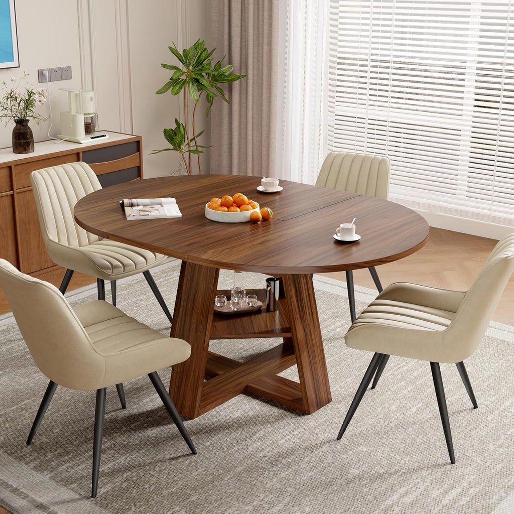 Extendable Round Dining Table Set for 4-6, 5-Piece Oval Kitchen Table with Hidden Storage, Wooden Dining Table Set with Upholstered Chairs for Small Spaces, Apartment (Walnut Table, 4 Beige Chairs)