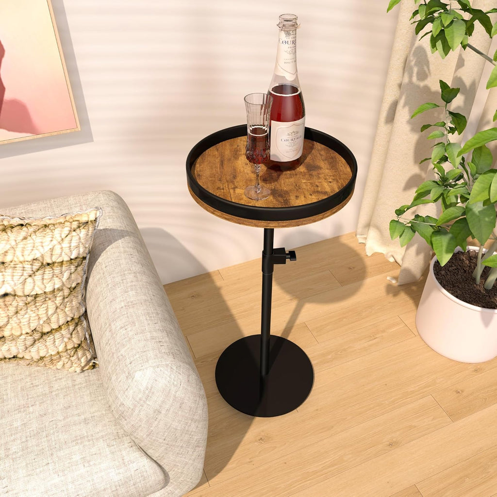 Drink Table, Small Round Side Table Height Adjustable Martini Table with Weighted Metal Base, Pedestal Table for Small Spaces, Accent Table for Living Room, Bedroom, Bathroom (Brown-1)