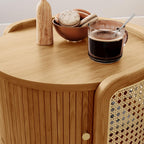 POVISON Rattan Side Table, Table with Roller Door & Woven Rattan, 19.69" Round End Table with Storage, Nightstand Beside Table Drink Table Sofa Table for Home,Walunt