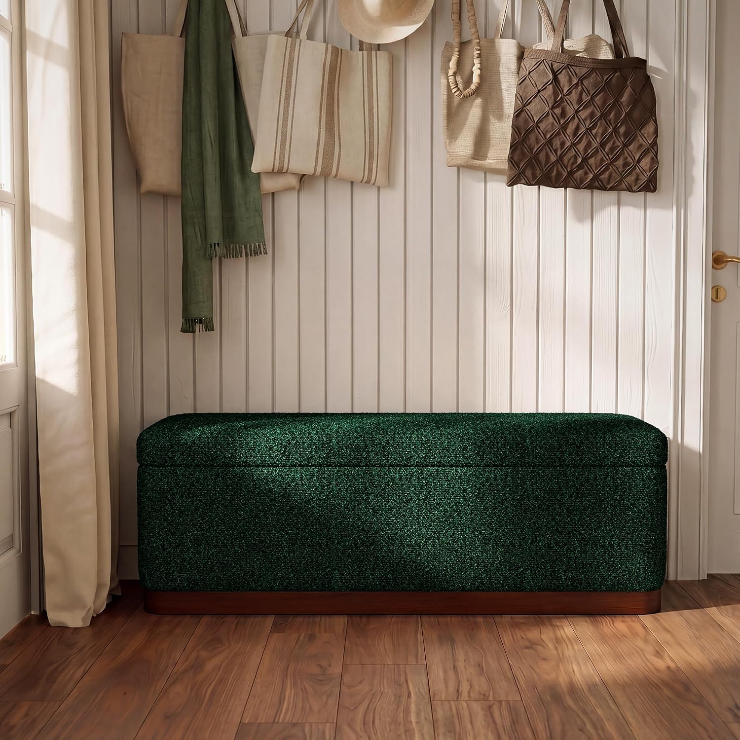 46'' Storage Bench for Bedroom, Modern Storage Ottoman Bench with Walnut Grain Base, Upholstered Bench with 27 Gallons Storage Space for Bedroom End of Bed, Entryway, Living Room, Green