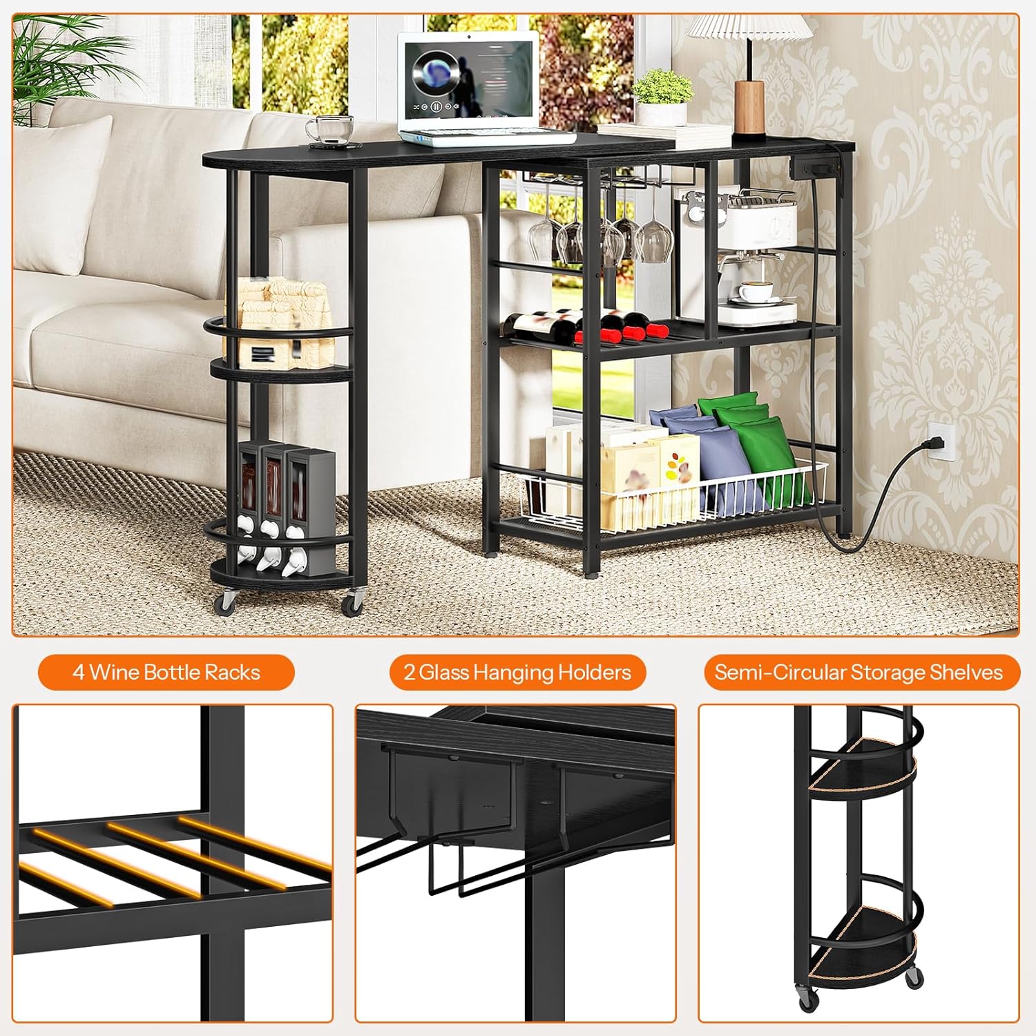 HOOBRO L-Shaped Bar Table, Home Bar Unit with Charging Station, 3-Tier Shelves with Wine Rack, 360° Extendable Bar Table on Wheels, Corner Mini Coffee Cabinet, for Pub, Kitchen, Black BB183UBT01