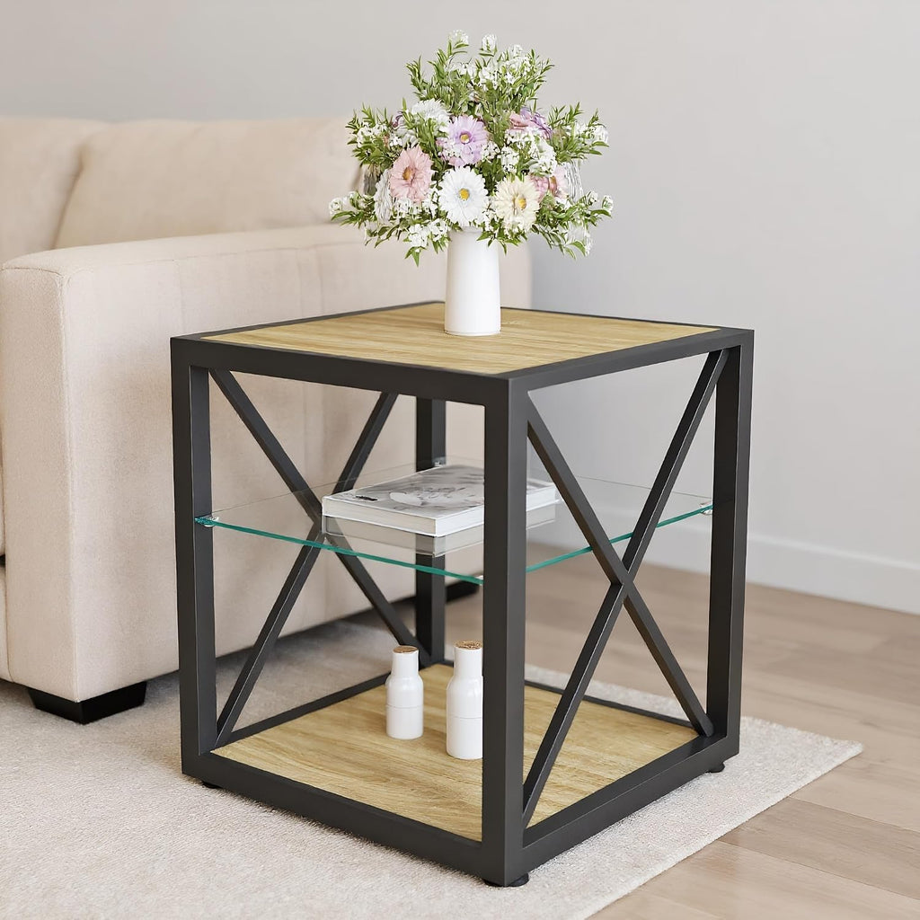 Modern End Table with Tempered Glass Shelf and Natural Wood MDF, Industrial Metal Frame Side Table for Living Room Bedroom Office, Functional Compact Three-Tier Accent Furniture Piece Design