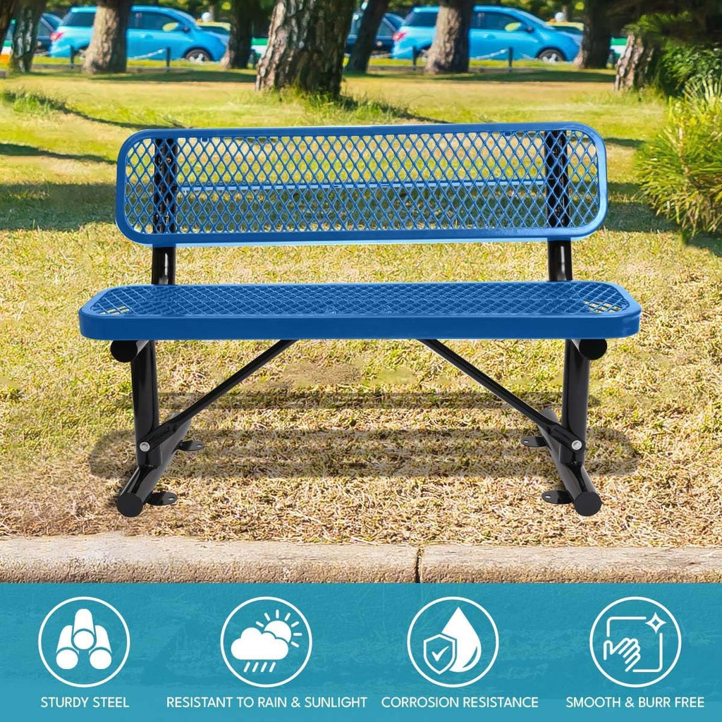Outdoor Steel Bench with Backrest, Powder Coated Metal Park Seat, Perforated Mesh Patio Seating for Garden, Campus, Trail, Schoolyard, Transit Stop, Playground, Porch, Public Plaza
