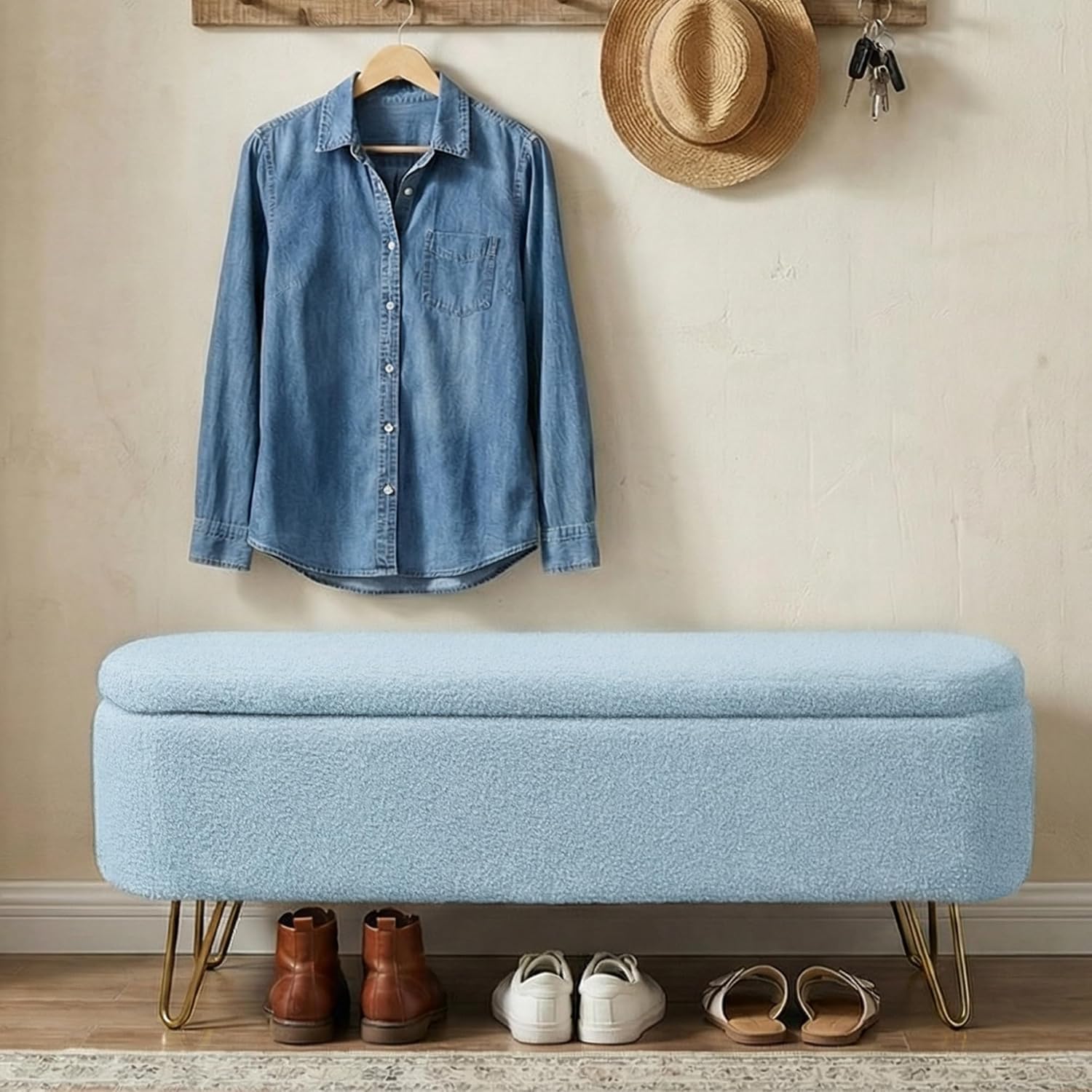 Ottoman with Storage, Small Boucle Storage Ottoman Bench,Upholstered Entryway End of Bed Bench with Cushion and Gold Legs for Bedroom Living Room, Light Blue