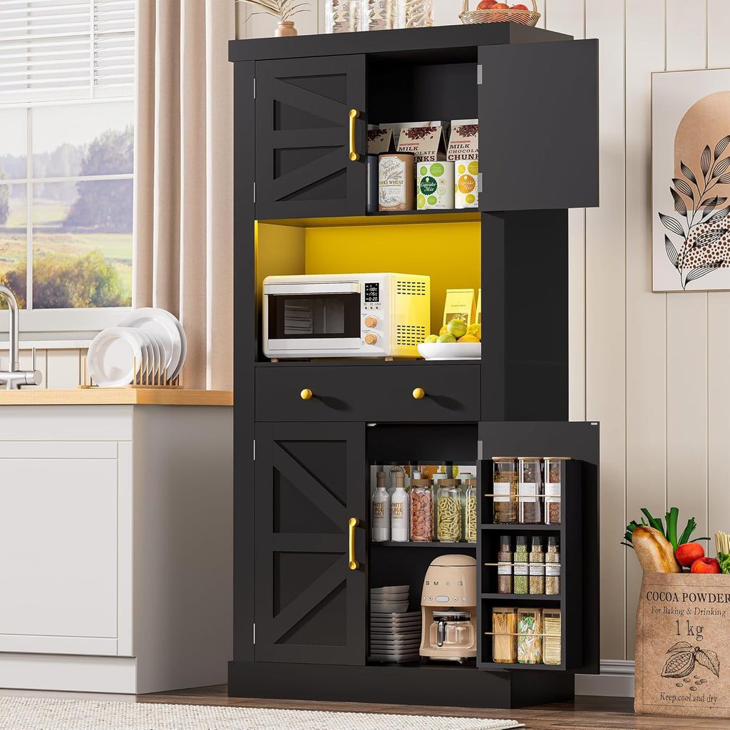 DINGIPP 73" Pantry Cabinet with Charging Station & LED Light, Tall Kitchen Pantry Cabinet with Microwave Stand and 1 Large Drawer, Kitchen Storage Cabinet with 4 Doors for Kitchen, Dining Room, Black