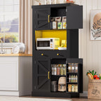 DINGIPP 73" Pantry Cabinet with Charging Station & LED Light, Tall Kitchen Pantry Cabinet with Microwave Stand and 1 Large Drawer, Kitchen Storage Cabinet with 4 Doors for Kitchen, Dining Room, Black