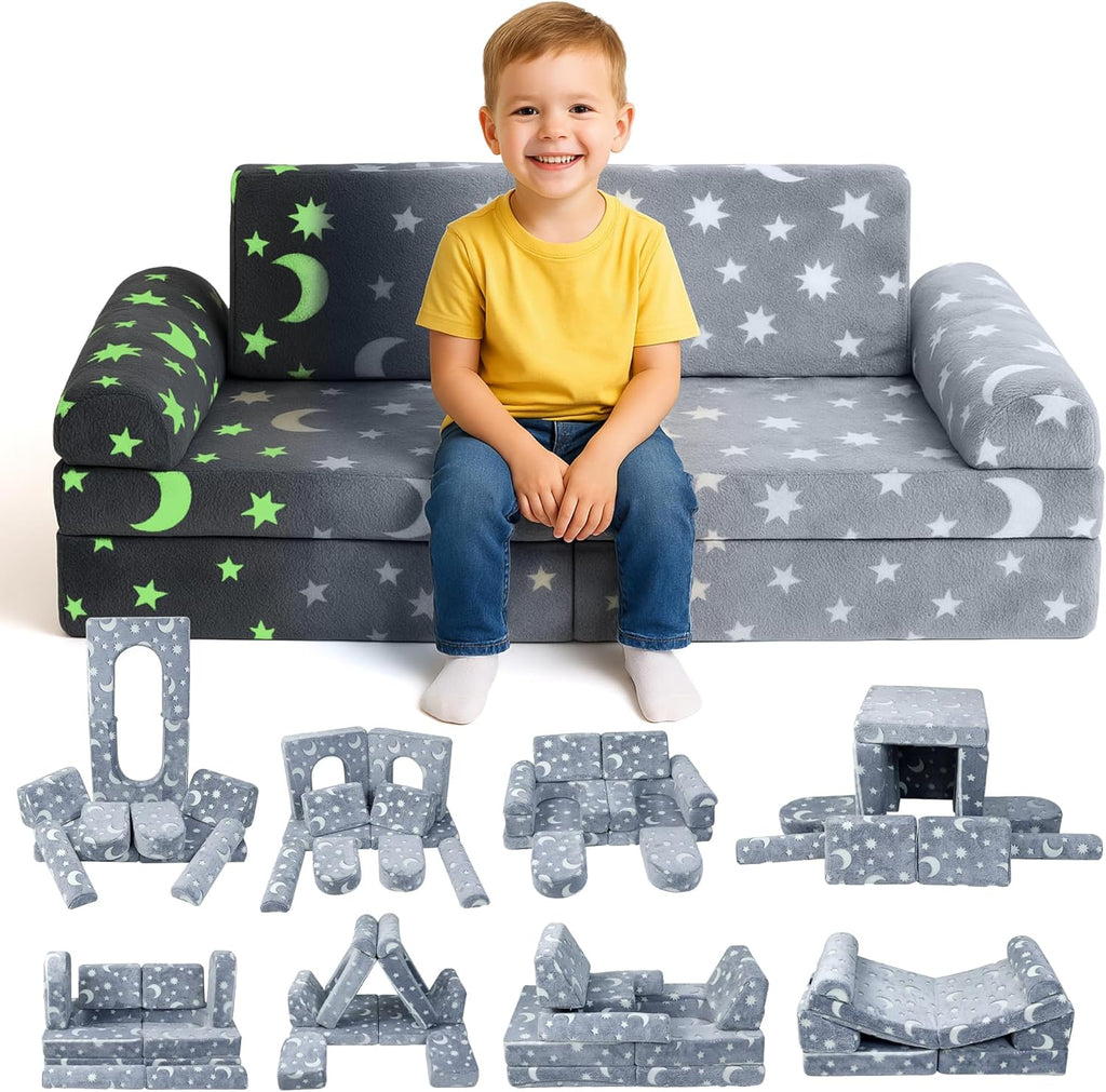 WONDERME 2-Seater Modular Kids Play Couch – 10pc Glow in the Dark Creative Kids Couch for Playroom, Living Room, and Bedroom Fortplay – Convertible Foam and Floor Cushion for Ages 1 to 10