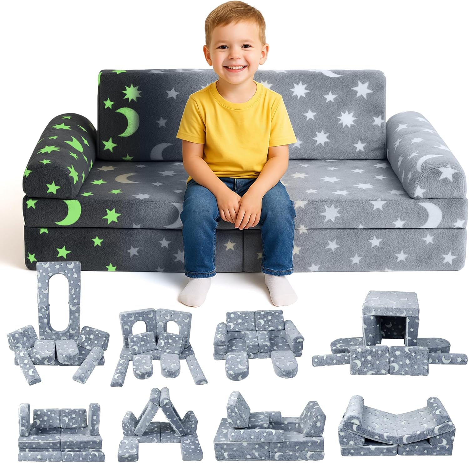 WONDERME 2-Seater Modular Kids Play Couch – 10pc Glow in the Dark Creative Kids Couch for Playroom, Living Room, and Bedroom Fortplay – Convertible Foam and Floor Cushion for Ages 1 to 10