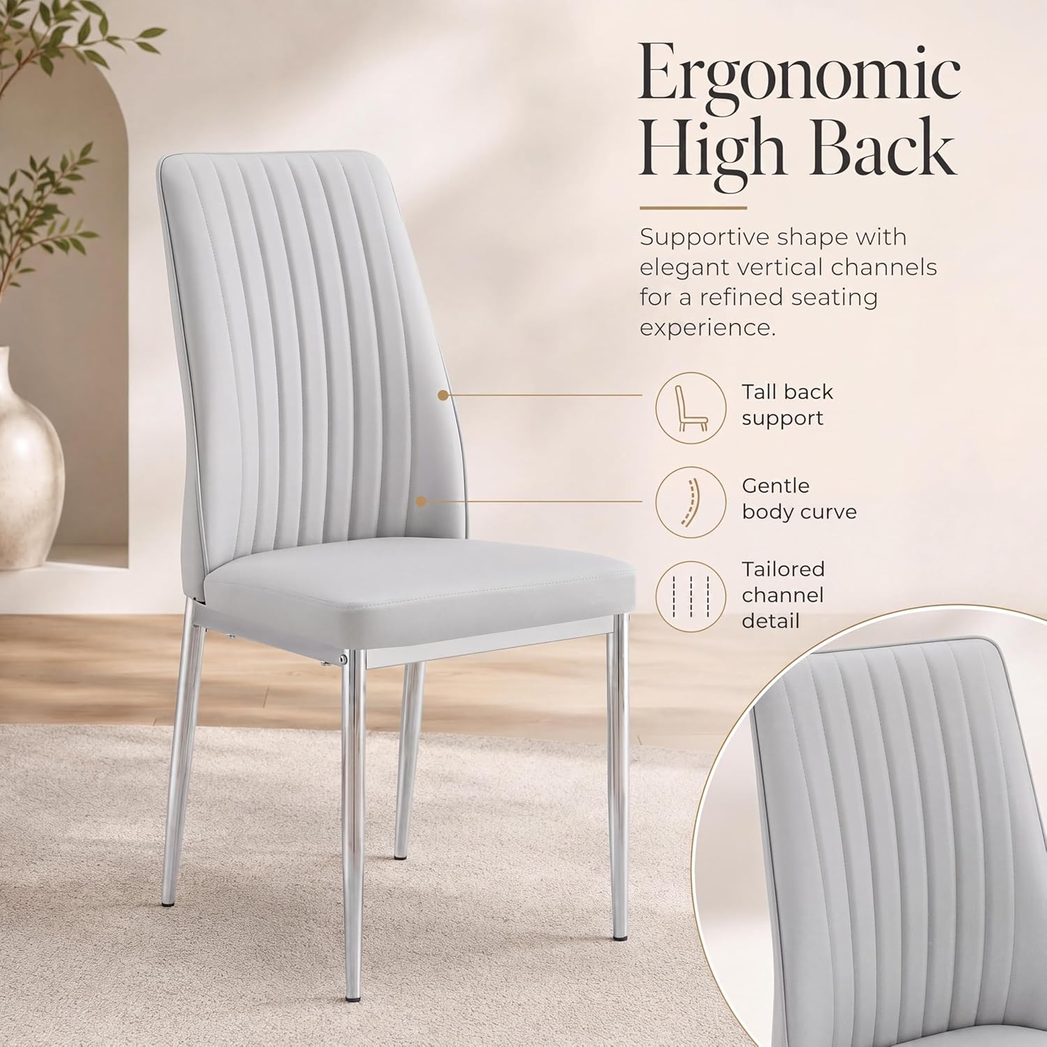 Dining Chairs Set of 4,Sillas de Comedor Modernas 4,Leather Upholstered Kitchen Chairs with Chrome Metal Legs,Modern Dining Room Chairs ,Easy-Clean Chairs for Dining Room, Apartment (Light Gray,4)
