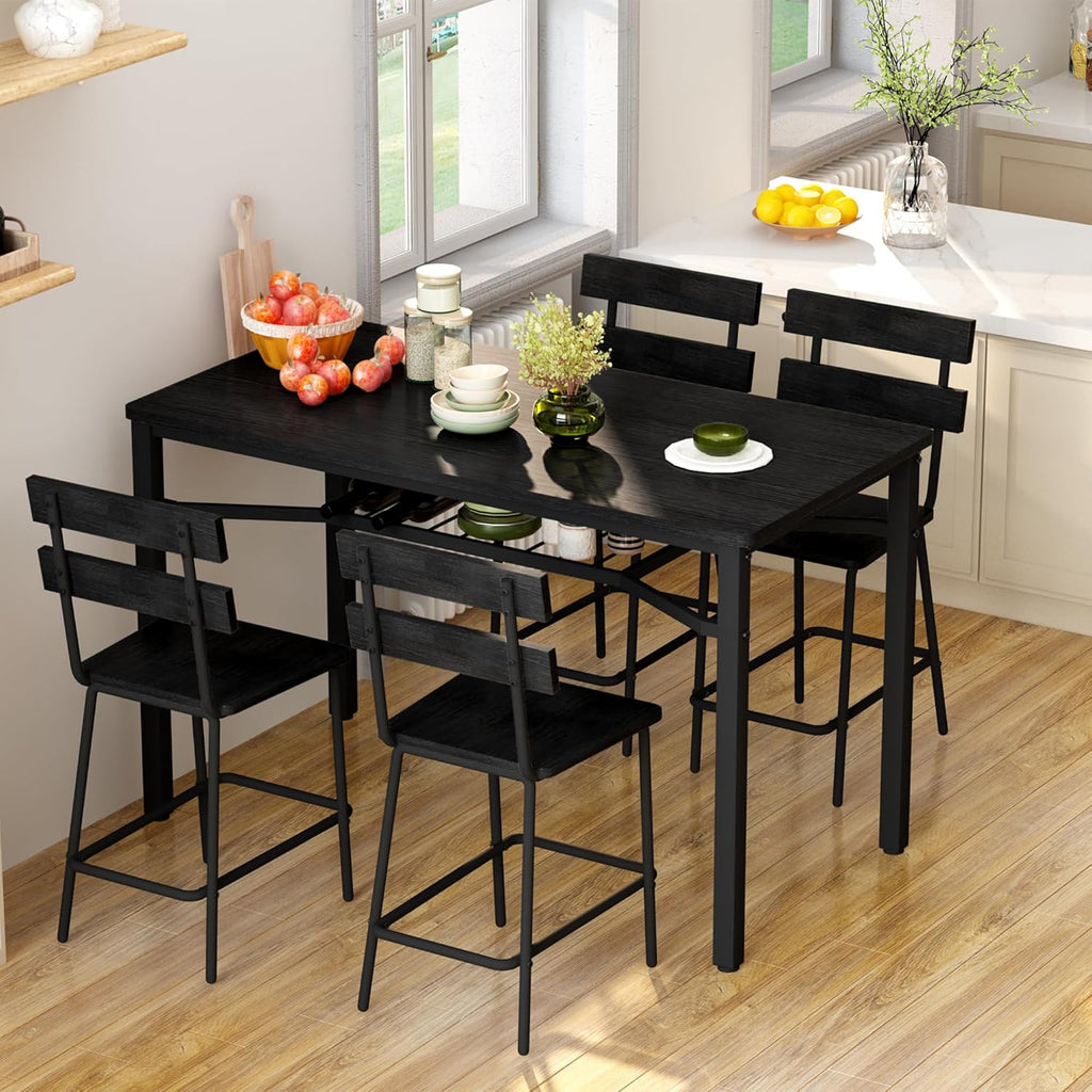Hooseng 5-Piece Dining Table Set for 4, Counter Height Kitchen Table & 4 Bar Stools, Hightop Bar Table and Chairs Set with Storage, Farmhouse Small Dinette Set for Pub, Dining Room, Small Space
