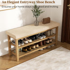 2 Tier Shoe Rack Bench with Cushion, Rubberwood Shoe Benches, Mid-Century Modern Shoe Storage Bench for Entryway, Hallway, Living Room, Closet, Front Door Entrance, Light Brown