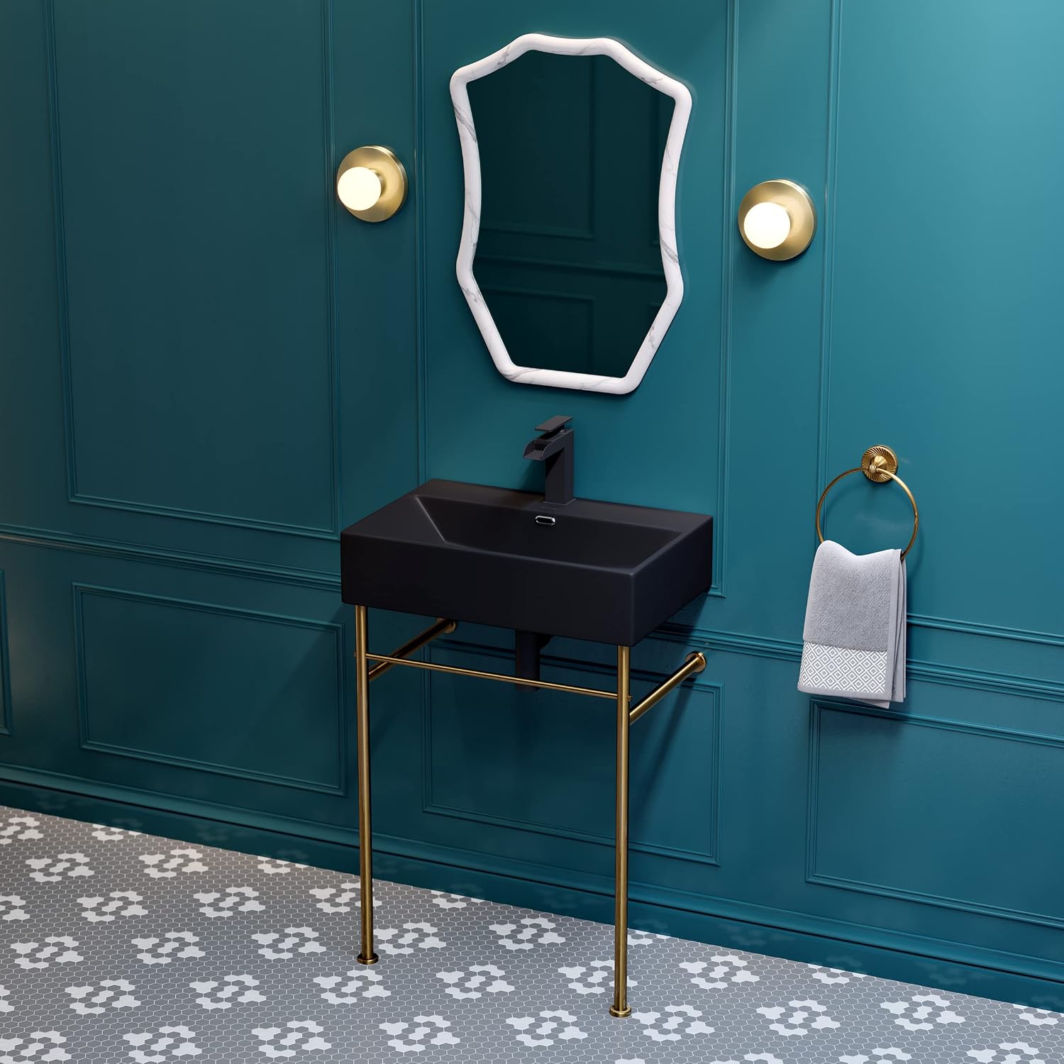 Claire 24" Ceramic Console Sink Matte Black Basin Brushed Gold Legs